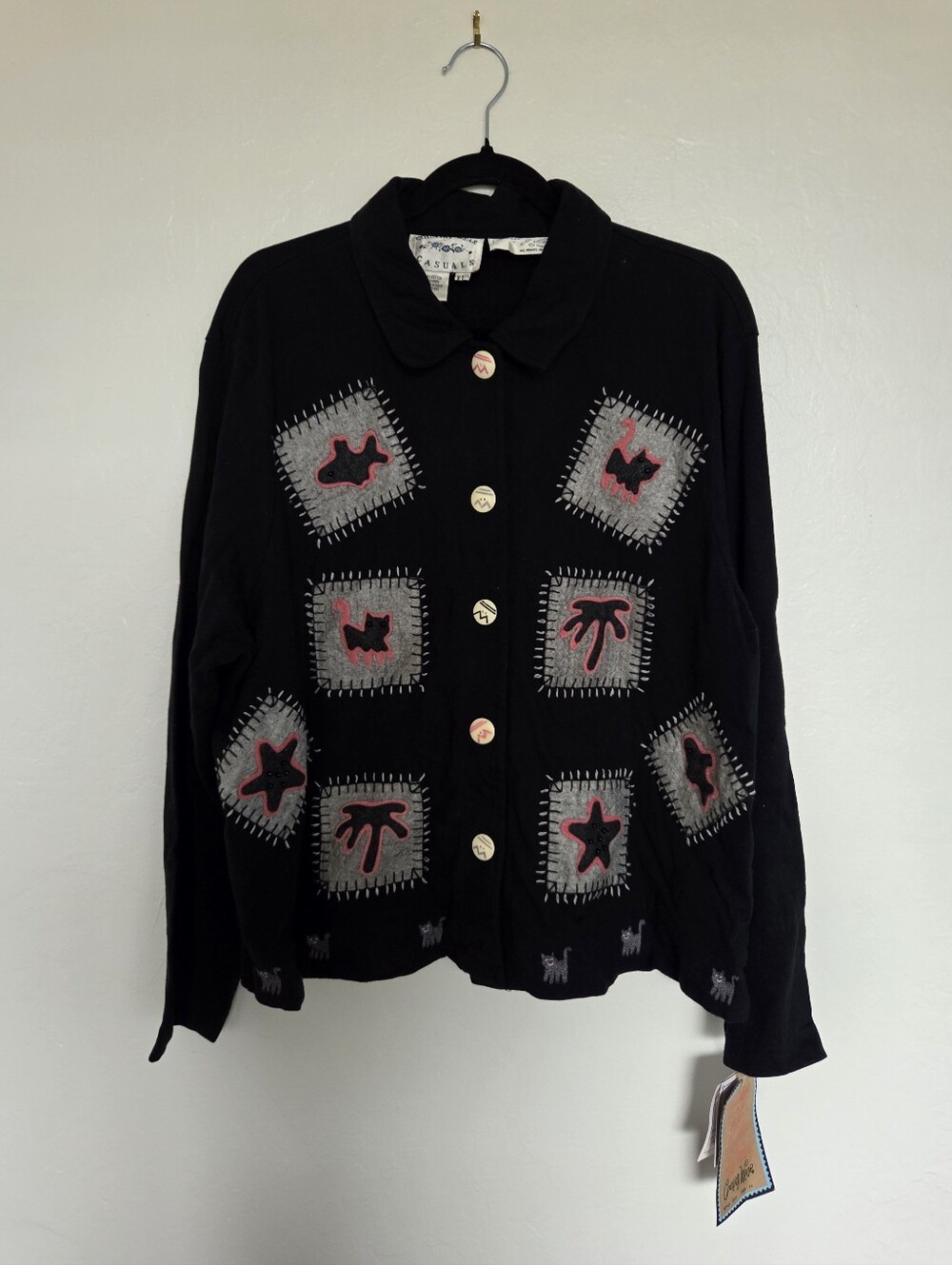 Black Cotton & Linen Shacket Embroidered Patchwork Cats Fish Pink Gray Black XL